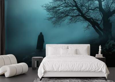 spooky silhouette in the misty woods Wall mural