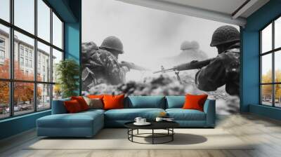 squad of Allied soldiers on world war 2 battlefield - historical combat photography Wall mural