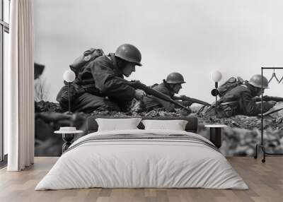 squad of German soldiers on world war 2 battlefield - historical combat photography Wall mural