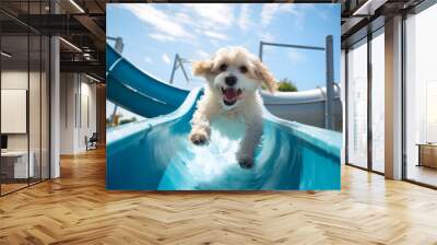 summer portrait of happy puppy on waterslide at waterpark Wall mural