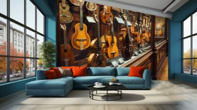 A museum with a collection of musical instruments, showcasing the history and evolution of music. Wall mural