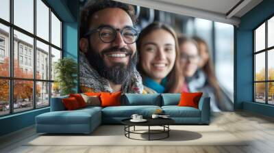 Happy Man Wearing Glasses Smiles on a Bus. Wall mural