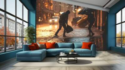 Two people walk through a rainy city street at night, one holding an umbrella while the other carries a bag. Wall mural