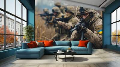 Ukrainian soldiers on battlefield - modern combat photography Wall mural