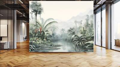 vintage sketch of the jungle landscape, a picturesque natural environment for wallpaper, wall art, card design Wall mural