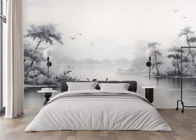 wallpaper vintage chinese landscape drawing of lake with birds trees and fog in black and white design for wallpaper, wall art, print, fresco, mural Wall mural