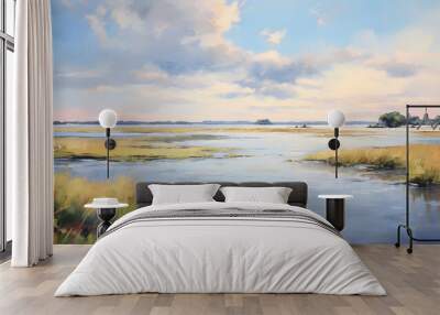 watercolour painting of the marsh landscape, a picturesque wetland environment in soft natural harmonious colours Wall mural