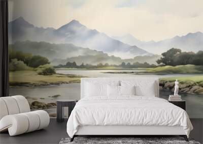 watercolour painting of the river landscape, a picturesque natural environment in soft harmonious colours Wall mural