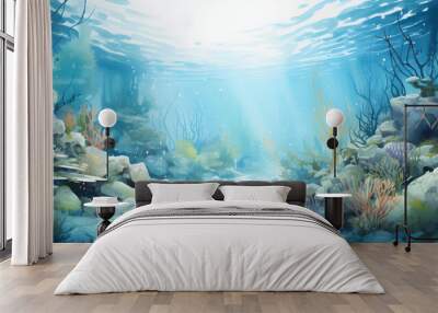 watercolour painting of the underwater ocean reef landscape, a picturesque natural environment in soft harmonious colours Wall mural