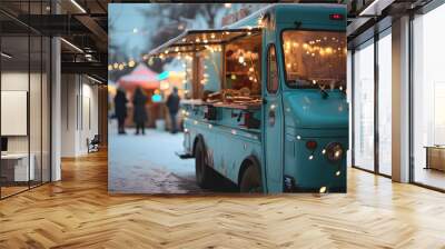 winter food truck in city festival, selective focus Wall mural