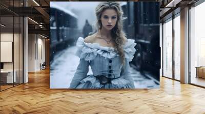 winter portrait of a woman wearing vintage dress in train station Wall mural