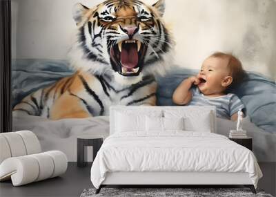 Young baby with tiger on bed watercolour Wall mural