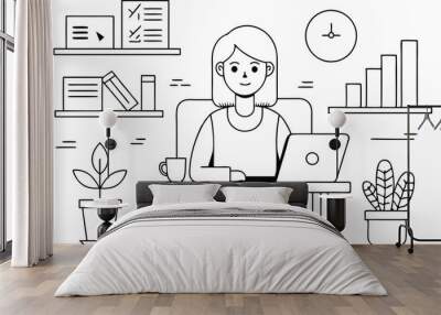 A woman working in office illustration black and white Wall mural