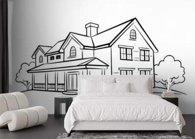 Abstract American Family Home Continuous Line Art Drawing in Black on White Background. Wall mural