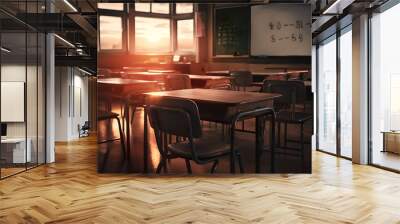 An empty elementary classroom, chairs neatly arranged, desks awaiting students. Outside, the school campus bustles with life, echoing the absence within. Wall mural