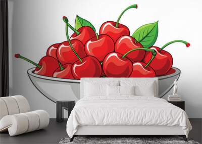 Bowl of fresh Red cherries, Vector illustration on white background. Wall mural