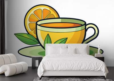 Cup of tea with lemon illustration on white background. Wall mural