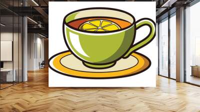 Cup of tea with lemon illustration on white background. Wall mural