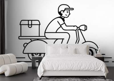 Delivery man riding scooter illustration black and white Wall mural