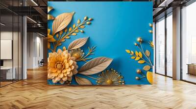 Watercolor abstract art with gold line flower, botanical leaves, blue shapes, luxury minimal style. Wall mural