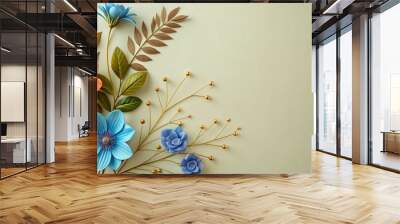 Watercolor abstract art with gold line flower, botanical leaves, blue shapes, luxury minimal style. Wall mural