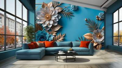 Watercolor abstract art with gold line flower, botanical leaves, blue shapes, luxury minimal style. Wall mural