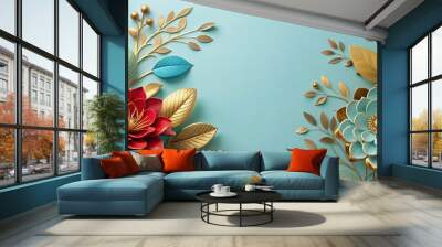 Watercolor abstract art with gold line flower, botanical leaves, blue shapes, luxury minimal style. Wall mural