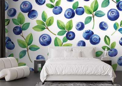 Watercolor seamless blueberry pattern, Vector illustration on white background. Wall mural