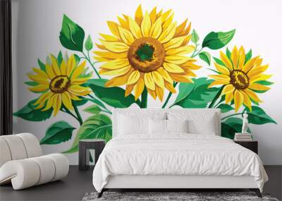 Watercolor Sunflowers with Green Leaves Vector Illustration on white background. Wall mural