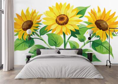 Watercolor Sunflowers with Green Leaves Vector Illustration on white background. Wall mural