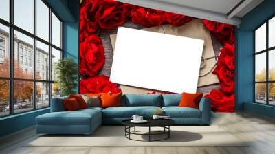 valentines day background. blank greeting card in frame made of red roses flowers Wall mural