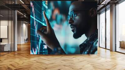 Black man finger touch forex diagrams, stock market data with chart Wall mural