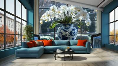 Blue and white orchids in a blue vase on a round table with two chairs in front of a large window. Wall mural