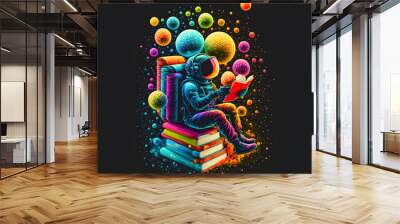 Alien among colorful bubbles reading Wall mural