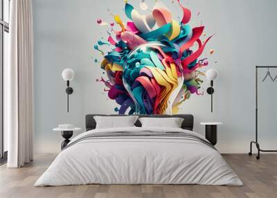 Colorful 3D illustration of a lightbulb representing a creative mind, energetic, collage, white studio background  Wall mural