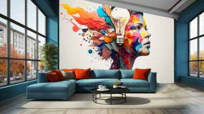 Colorful 3D illustration representing a person with a creative mind, collage, Generative AI Wall mural