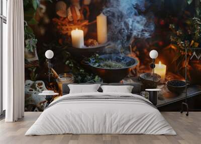 a photo of an alter, casting spells, Wiccan scene Wall mural