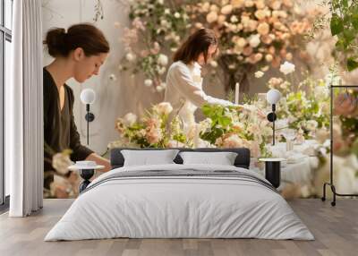 Two female wedding planners dressing a table for a wedding Wall mural