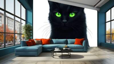 A black cat with glowing green eyes, Halloween theme, dark and mystical, isolated on white background Wall mural