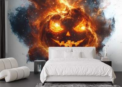 A ghostly nebula shaped like a jack-o'-lantern, Halloween space theme, eerie and celestial, isolated on white background Wall mural