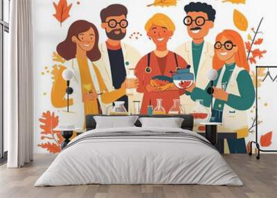 A group of scientists celebrating Thanksgiving in a lab clipart, cozy and intellectual, rich fall colors, digital illustration, isolated on white background Wall mural