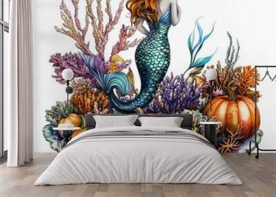 A mermaid centerpiece with coral and pumpkins clipart, elegant and ocean-themed, vibrant colors, digital painting, isolated on white background Wall mural