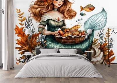 A mermaid preparing a Thanksgiving feast with sea creatures clipart, cozy and warm, underwater setting, digital illustration, isolated on white background Wall mural