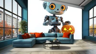 A robot holding a pumpkin-shaped lantern, Halloween theme, cute and spooky, isolated on white background Wall mural