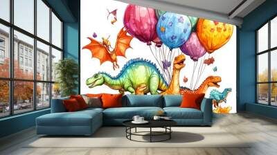 A Thanksgiving parade with dinosaur floats clipart, colorful and fun, large balloons, digital illustration, isolated on white background Wall mural