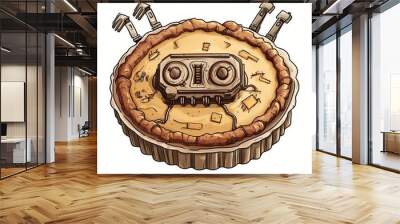 A Thanksgiving pie with a robotic crust and metallic details clipart, quirky and creative, warm earthy tones, digital illustration, isolated on white background Wall mural