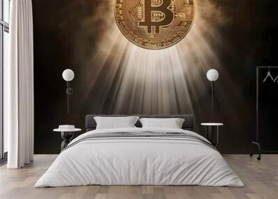 Bitcoin emerging from divine light, godly presence in the shadows, close-up, serene halo effect. Wall mural