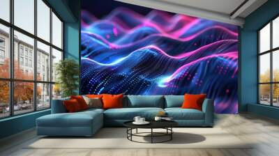 Abstract background with glowing particles, wave lines and bokeh effect,Creative arrangement of lights, fractal and custom design elements as a concept metaphor on subject of network
 Wall mural