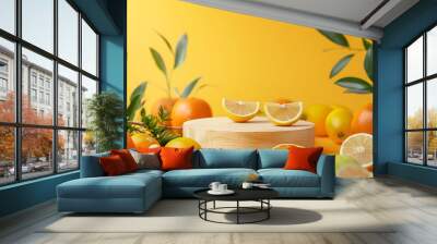 Fresh navel orange fruit on wooden background,healthy food,sliced fresh citrus fruit on a chopping board,Wooden crate of lemons and pieces of fruit, juice in bottle, on yellow background
 Wall mural