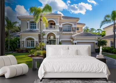 Luxury house with a beautiful landscaped garden,Florida luxury contemporary home exterior,Entrance of a luxury house with a patio and beautiful landscaping on a bright, sunny day. Home exterior

 Wall mural